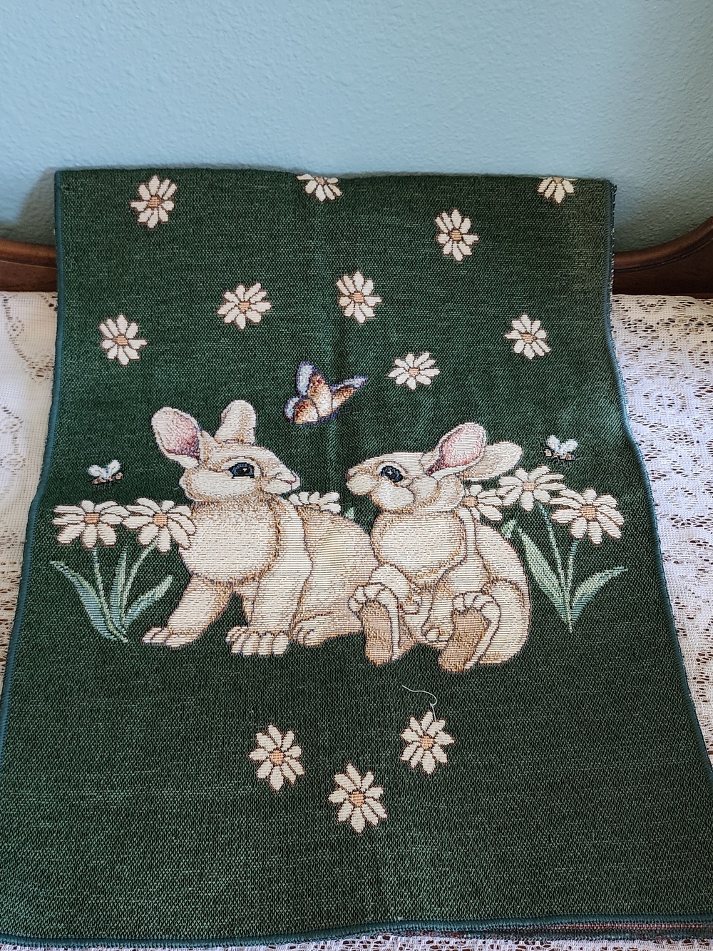 Source Unknown Green Tapestry Throw with Cream Bunny Motif